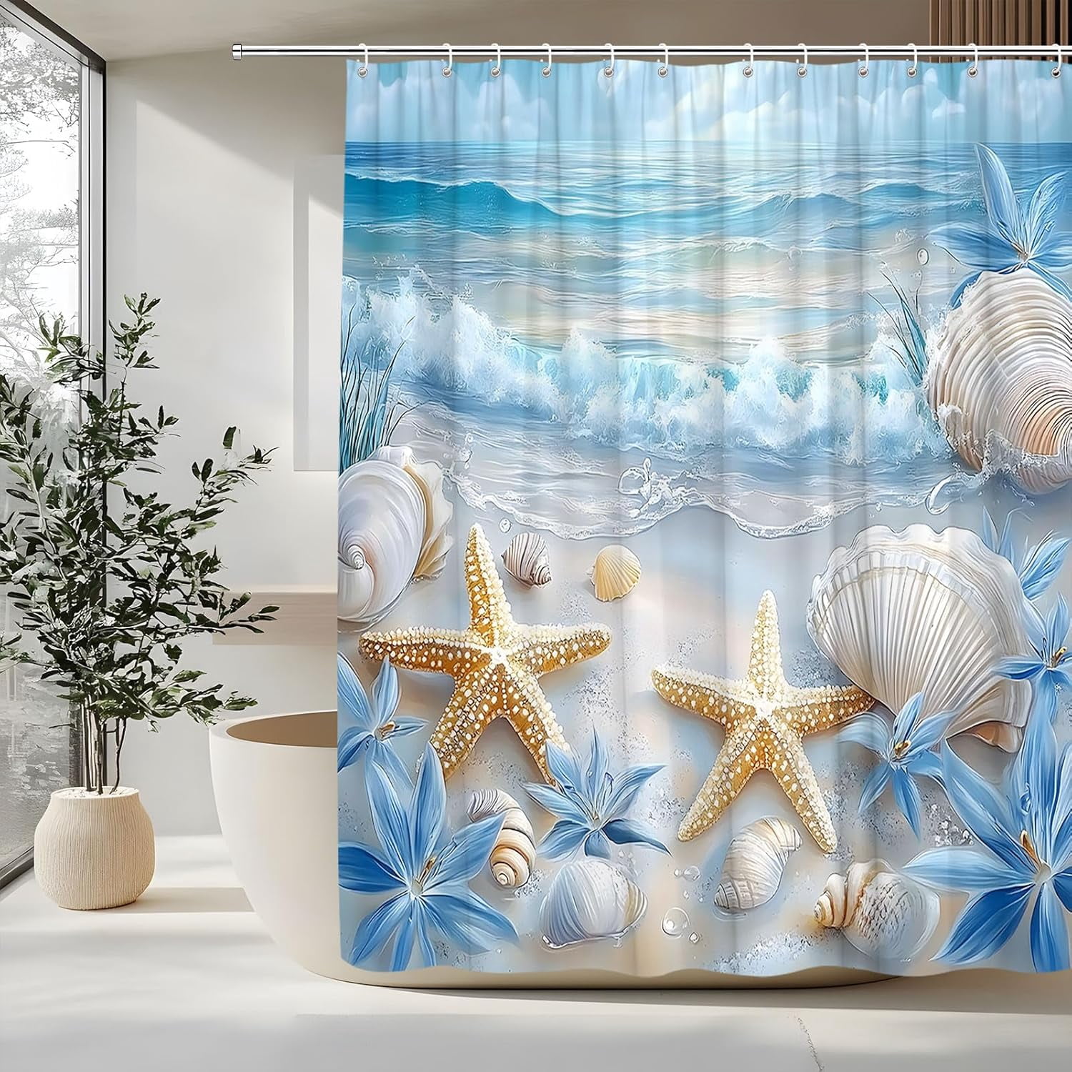 Beach Starfish Shower Curtain Sea Waves Seacoast Scenery with Sand Seashells Tropics Seaside Summer Coastal Ocean Theme Decorative Curtain with Polyester Fabric-72"W x 72"L (Pack of 1)
