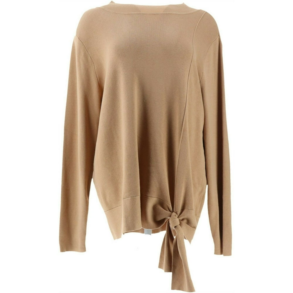 Belle Kim Gravel Feather Knit Mock Neck Sweater Camel L NEW A310002 ...