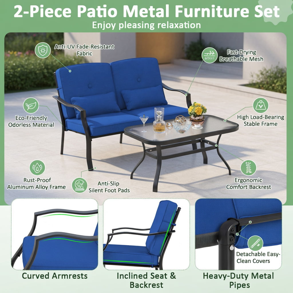 Hommoo Outdoor Loveseat Set with Black Metal Frame, Cushions & Tempered Glass Coffee Table, Patio Seating for Backyard, Poolside & Balcony, Navy
