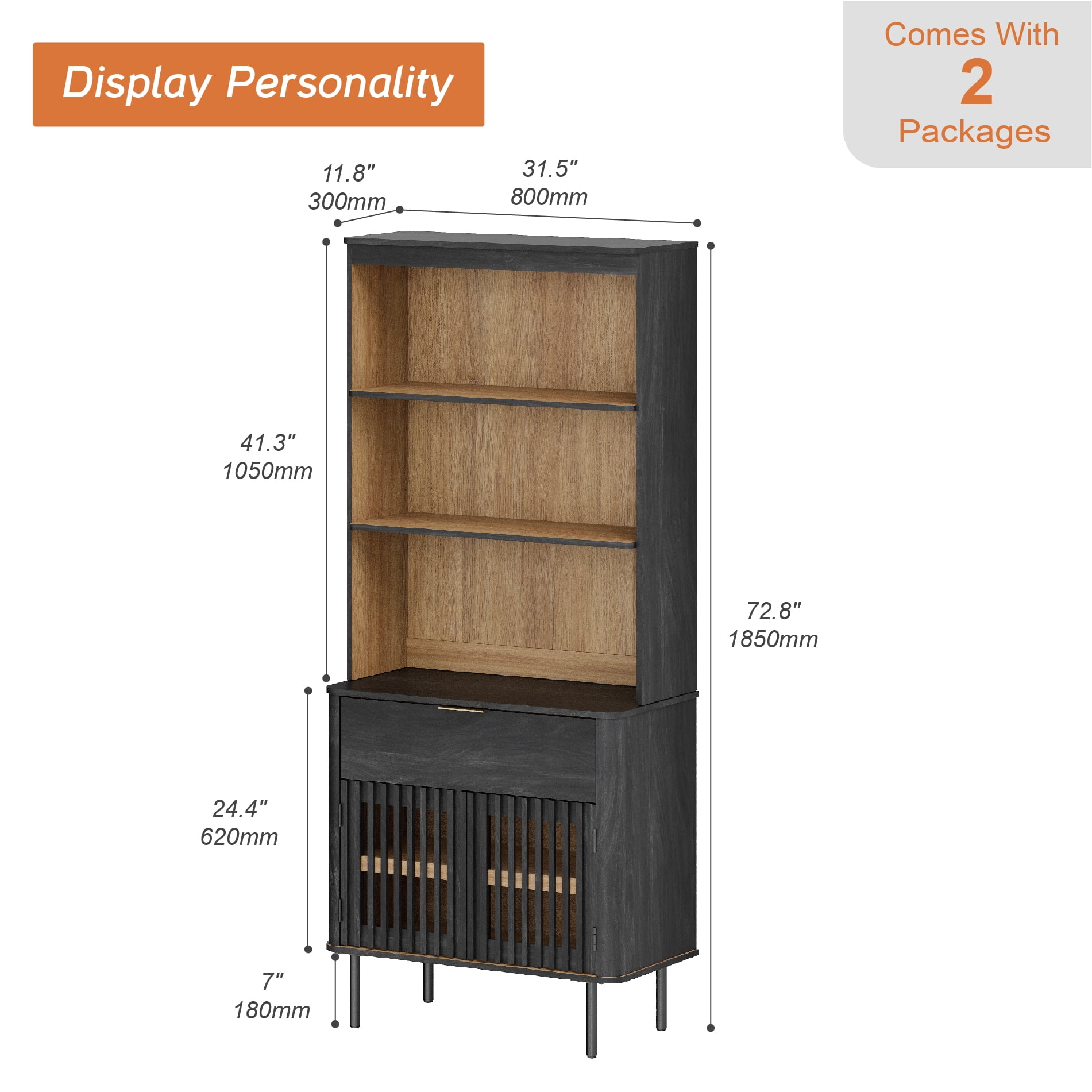 Kitchen Pantry Storage Cabinet with Doors & Drawer, 72.8" Tall Modern Fluted Kitchen Cabinet, Adjustable Shelf, Cable Management, 5 Tier Freestanding Cupboard for Dinning Room, Black, 3 PCS