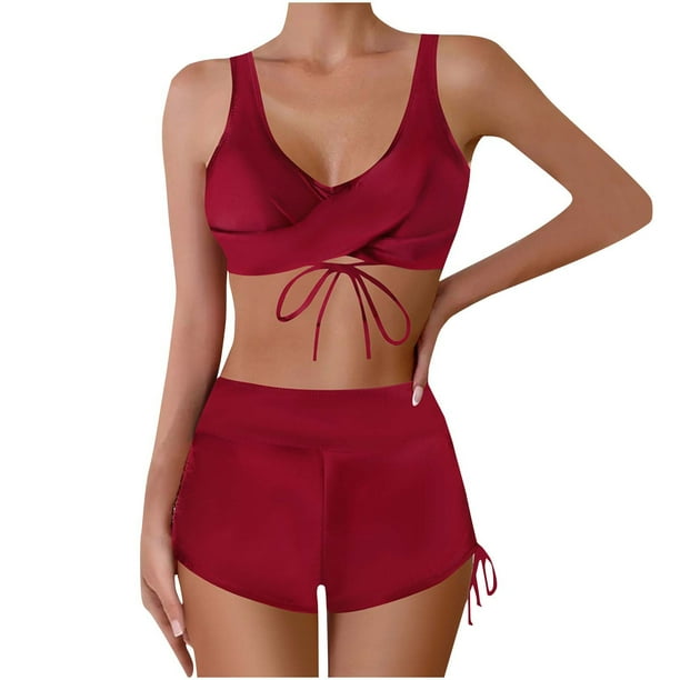 Traje de Baño de Mujer Más Tamaño Bikini de Color Sólido Traje de Baño Dividido, Poliéster Spandex para la Playa Del Verano Y la Piscina