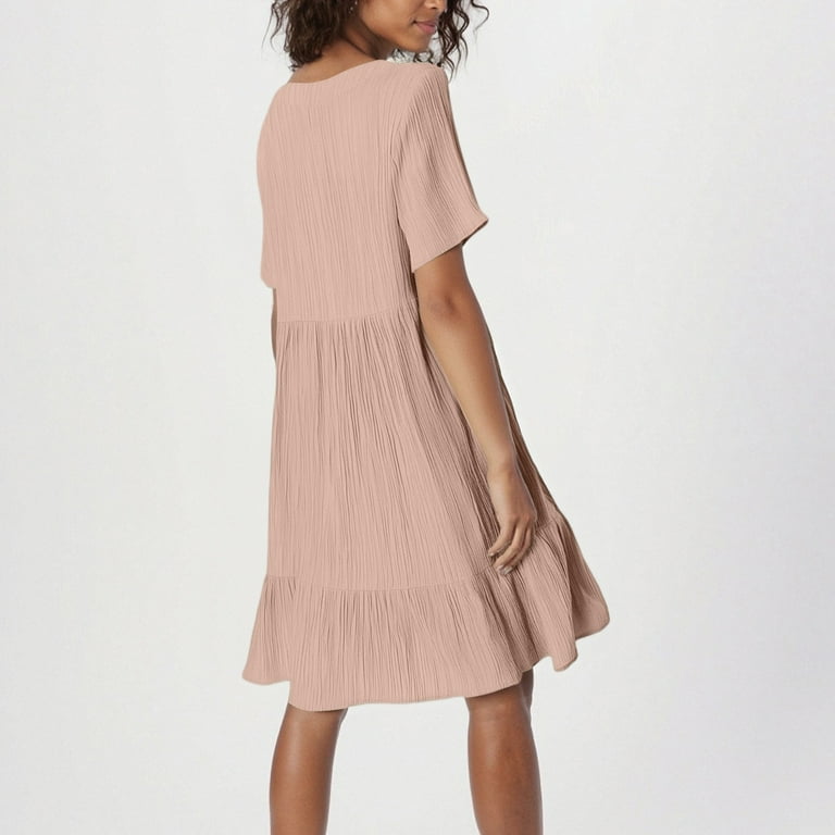 Cute Modest Dresses for Women V Neck Short Sleeve Knee Length Trendy Short  Dresses Ruffle Tiered Layered Cotton Linen Evening Midi Dresses Pink L -  Walmart.com