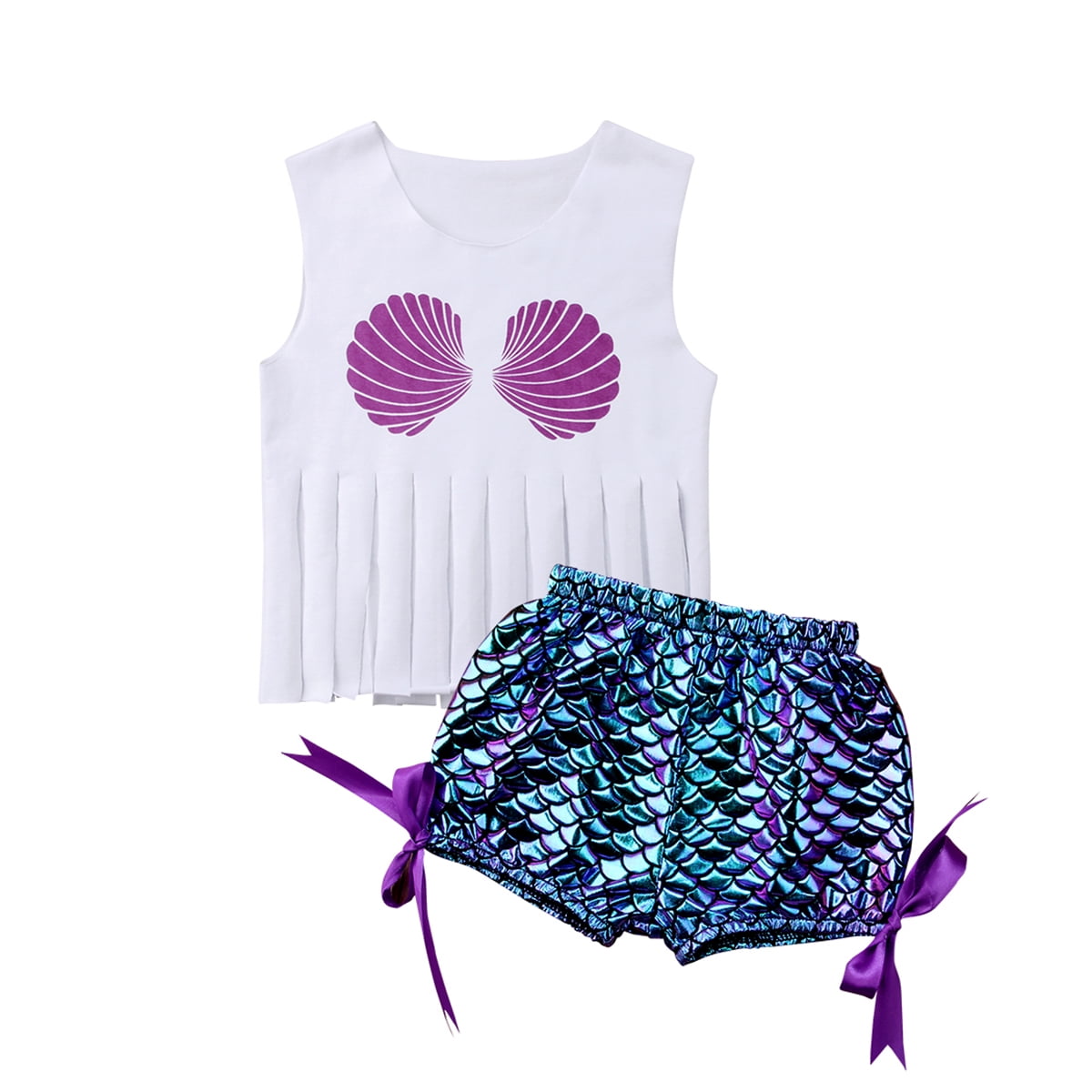 3Pcs Toddler Girls Sleeveless Shell Print Tops+Fish Scales Pant+Headbands Sets Outfits