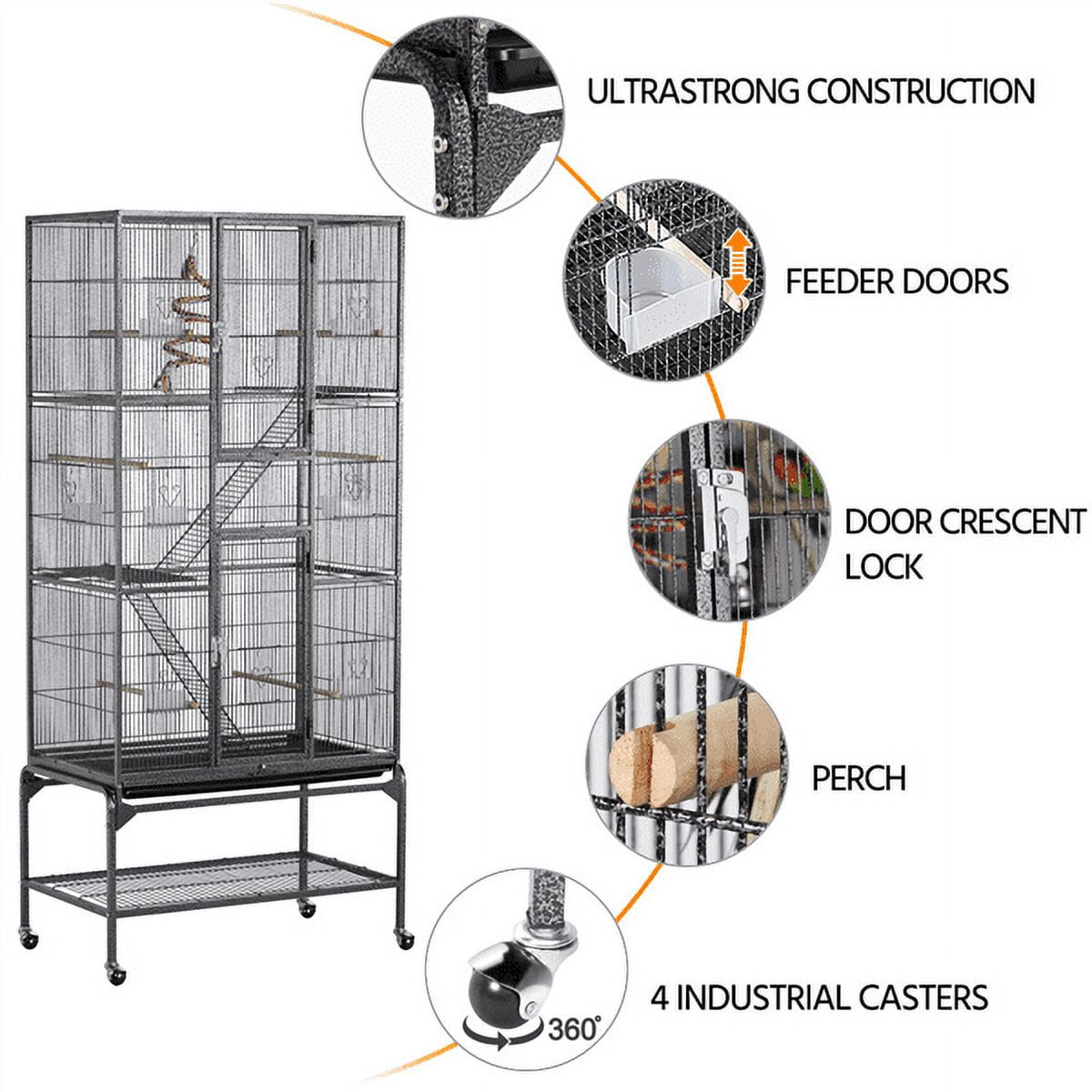 Easyfashion 69" H Extra Large Rolling Bird Cage with Detachable Stand, Black