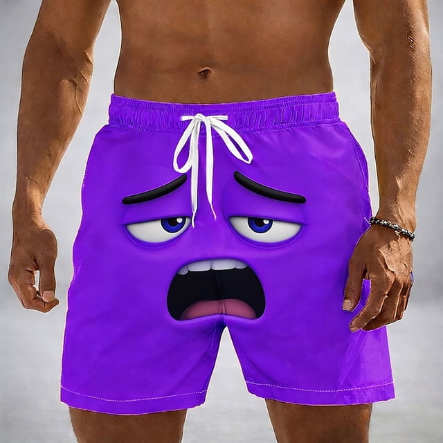 Ceisia Men's Bright Purple Tired Sigh Emoji Print Beach Shorts 4-Way Stretch Drawstring Swim Trunks Gifts