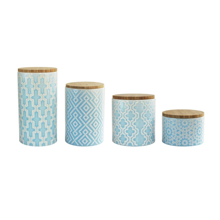 American Atelier, Round Arabesque Sky Blue and White Kitchen Ceramic  Canister Set with Lid, Set of 4