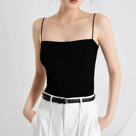 RYDCOT Built in Bra Tank Tops for Women Cotton Padded Sports Bra Teen Girls Thin Spaghetti Strap Camisoles Y2k Crop Tops Summer Tops Today Deals Black