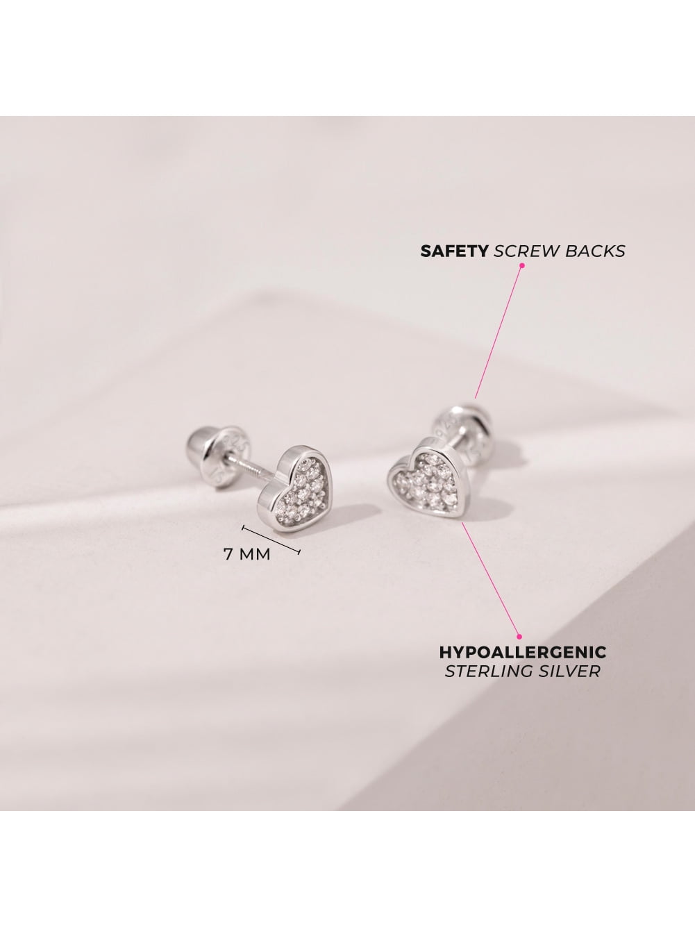 925 Sterling Silver Pave CZ Heart Screw Back Earrings Babies Infants Girls