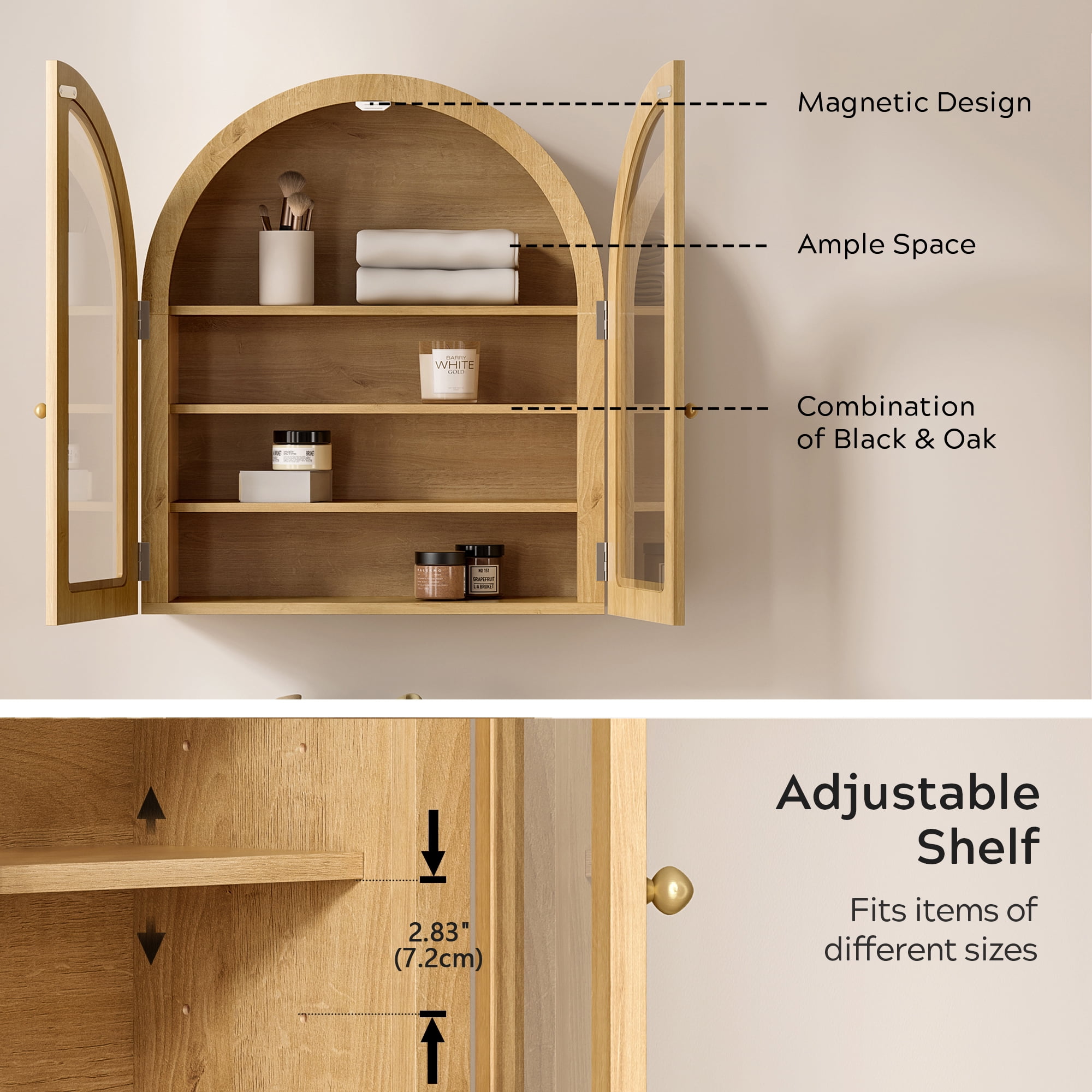 EYYTHUNG Large Arched Wall Cabinet, Bathroom Medicine Cabinet Cupboard with Adjustable Shelf, Natural Oak