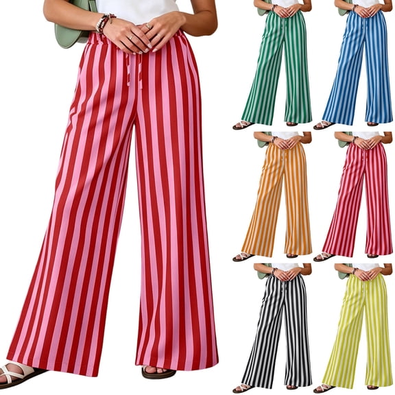YTCAMLO Striped Lounge Pants for Women Casual Drawstring Elastic Waisted Trousers with Pockets Lightweight Flowy Wide Leg Pants