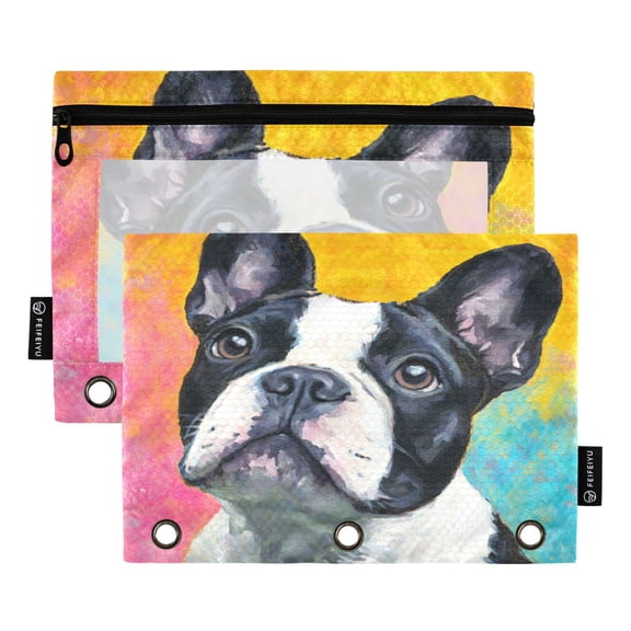 2 Pack 3 Ring Binder Pouch with Clear PVC Window Water Resistant Zipper Pencil Pouch Rainbow French Bulldog Canvas Binder Pocket for Classroom Office Home Stationery Organization