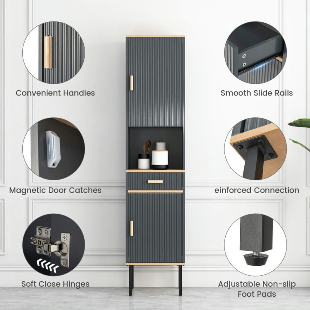 Finihen Bathroom Storage Cabinet, Bathroom Floor Cabinet, Free-Standing Bathroom Cabinet Narrow Linen with Doors and Drawer, for Bathroom, Living Room, Bedroom, Kitchen, Gray Finihen Bathroom Storage Cabinet, Bathroom Floor Cabinet, Free-Standing Bathroom Cabinet Narrow Linen with Doors and Drawer, for Bathroom, Living Room, Bedroom, Kitchen, Gray