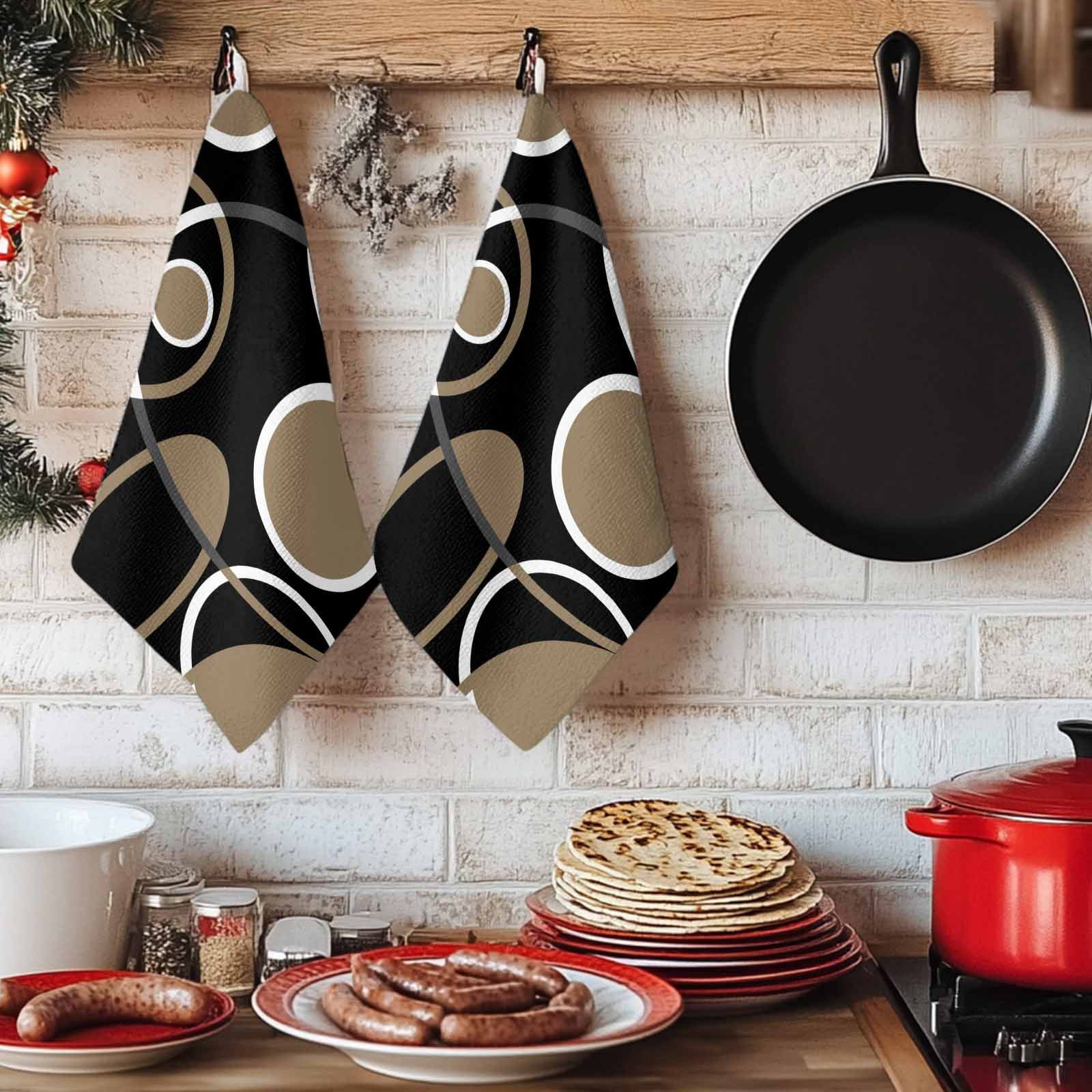 Dish Towels, Black Brown Circle Absorbent Kitchen Towels 2 PCS, Geometri Stripe Lines Abstract Art Microfiber Hand Towels Dish Cloths Tea Towels for Home&nbsp;Bathroom Cleaning Drying,18X28-Inch,