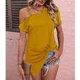 thumbnail image 3 of Mujer Solo Hombro Frío Dobladillo Superior Plisado Color Puro Ajuste Suelto Verano Casual Camiseta Amarillo M, 3 of 6