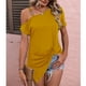 thumbnail image 3 of Mujer Solo Hombro Frío Dobladillo Superior Plisado Color Puro Ajuste Suelto Verano Casual Camiseta Amarillo L, 3 of 6