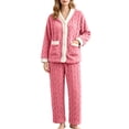 thumbnail image 3 of PNTUTB Women's Fleece Soft Warm Pajama Set Contrast V-neck Button Long Sleeve Pockets Top and Pant Fall Winter Loungewear Set, 3 of 7