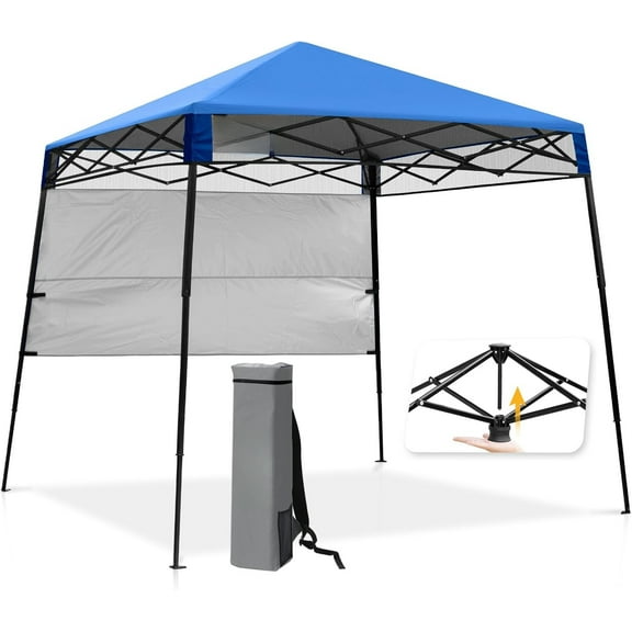 8x8 Pop Up Canopy Tent with Sidewall, Compact, Portable Slant Leg Instant Sun Shelter for Beach, Sports, & Camping, 8x8 Base 6x6 Top, Blue