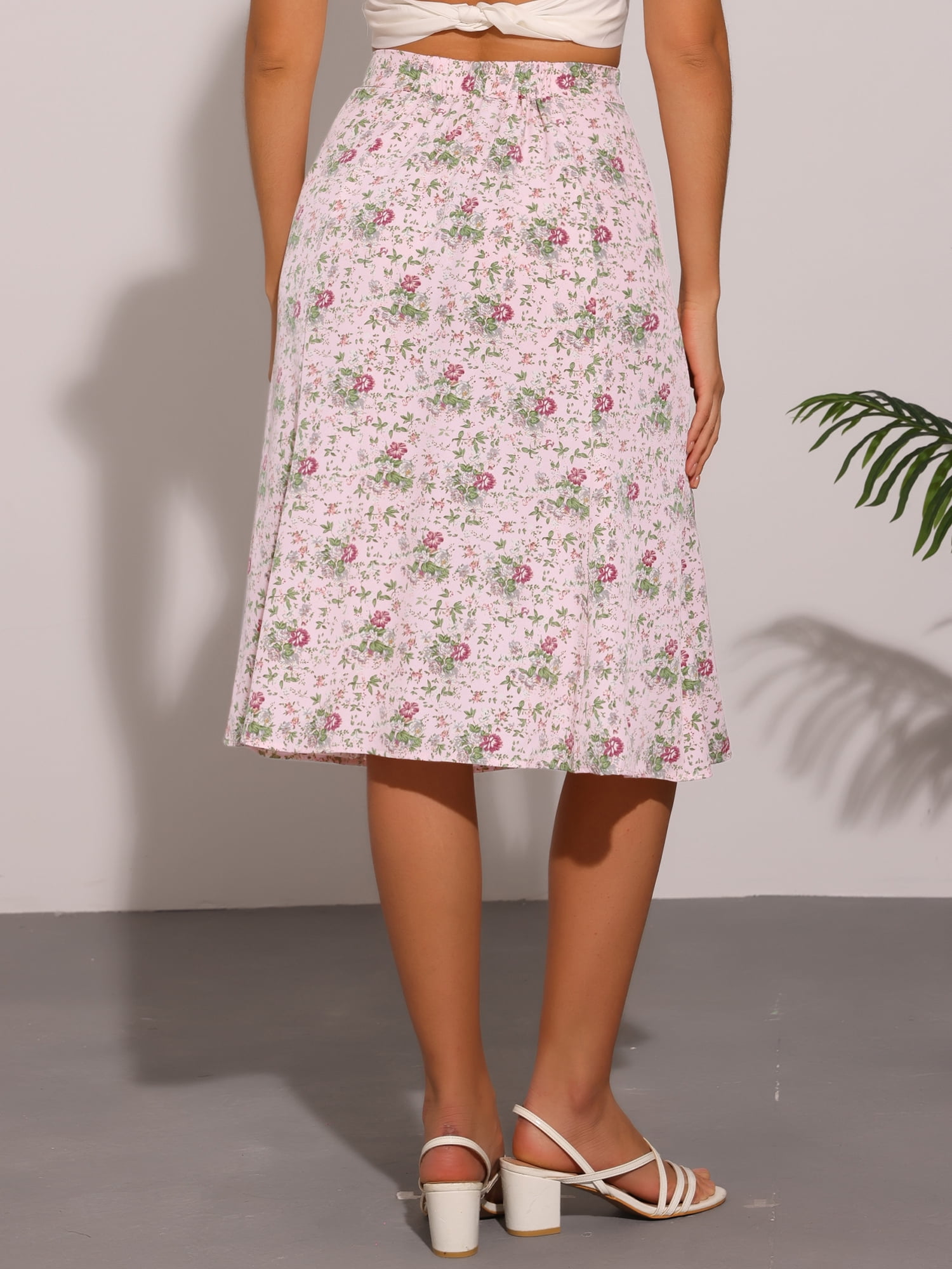 DARING DIVA Women's Elastic Waist A-Line Floral Print Midi Skirt M Pink Flower