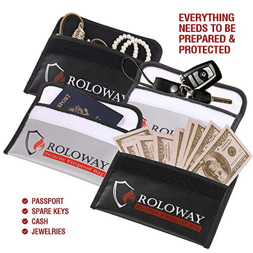 Non-Itchy Fireproof Money Bag Fireproof Wallet Bag 2-Pack Black Passport ROLOWAY Small Fireproof Bag with Reflective Strip Cash Fireproof Bag Set for Valuables Currency & Keys 5 x 8 inches 