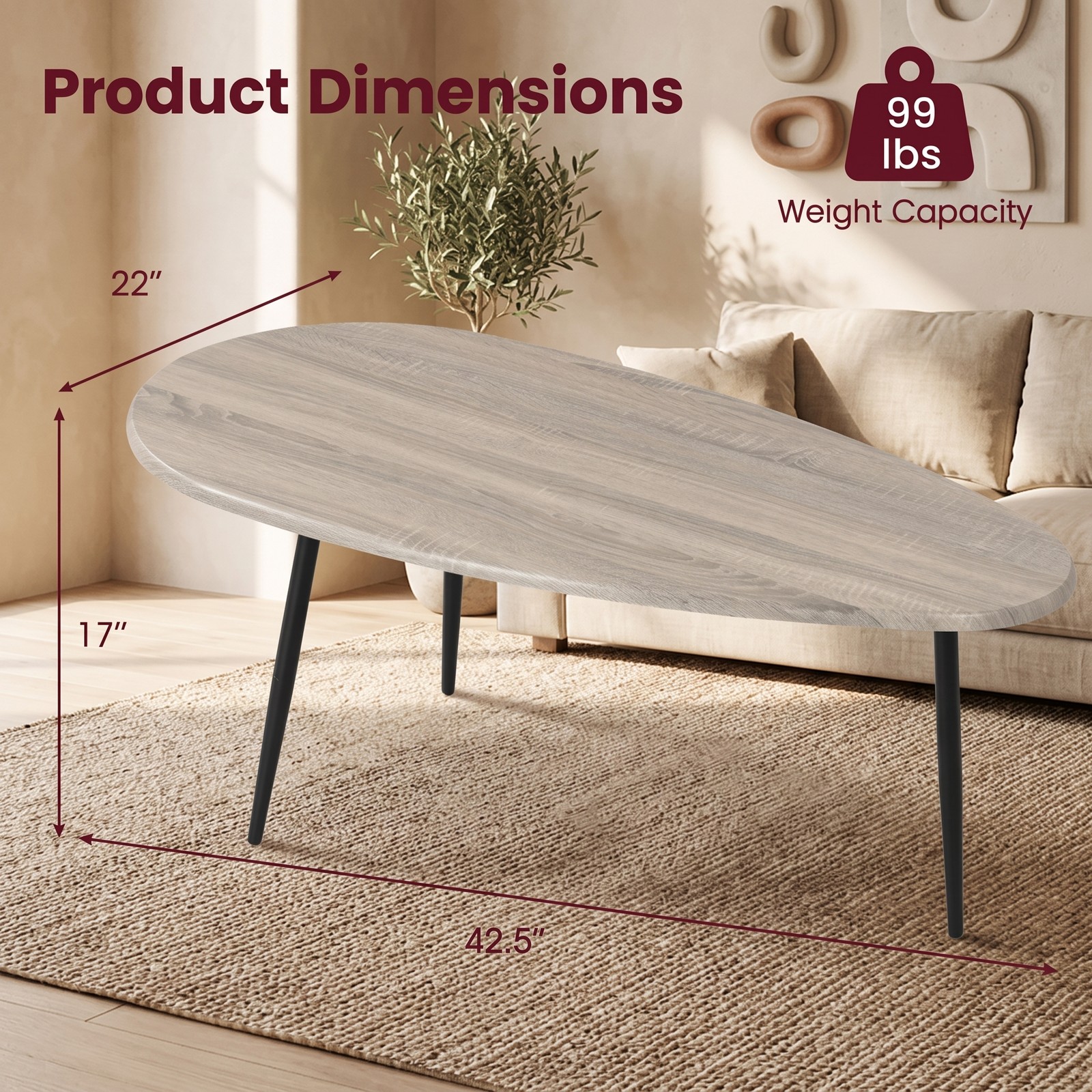 Furnibear Oval Coffee Table Mid Century Center Table with Sturdy Metal Frame, Open Storage Shelf & Adjustable Foot Pads for Living Room, Hallway & Lounge, Gray