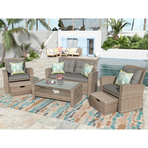 Modern Patio Furniture Set, 6 Pcs All Weather Rattan Sectional Sofa with Ottoman and Cushions, Glass Top Coffee Table, Gray
