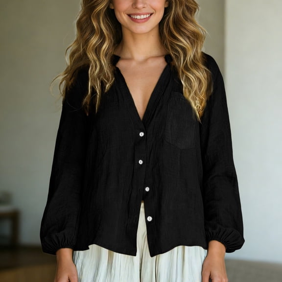 YMNXA Women's Shirts Long Sleeve V Neck Solid Color Button Down Comfortable Elegant Blouse Top With Pocket For Casual Daily Wear,Black,L