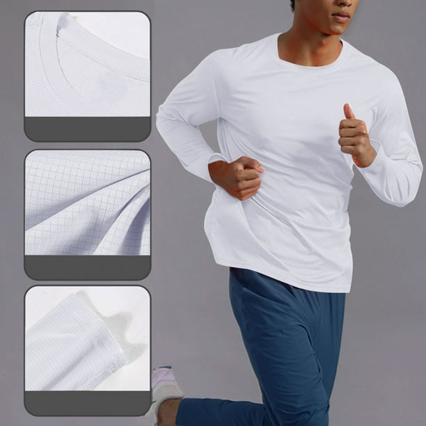 pstuiky camisa de manga larga para hombre, Camiseta informal de manga larga con cuello redondo para hombre, color liso, transpirable, para correr y hacer ejercicio top de hombre l