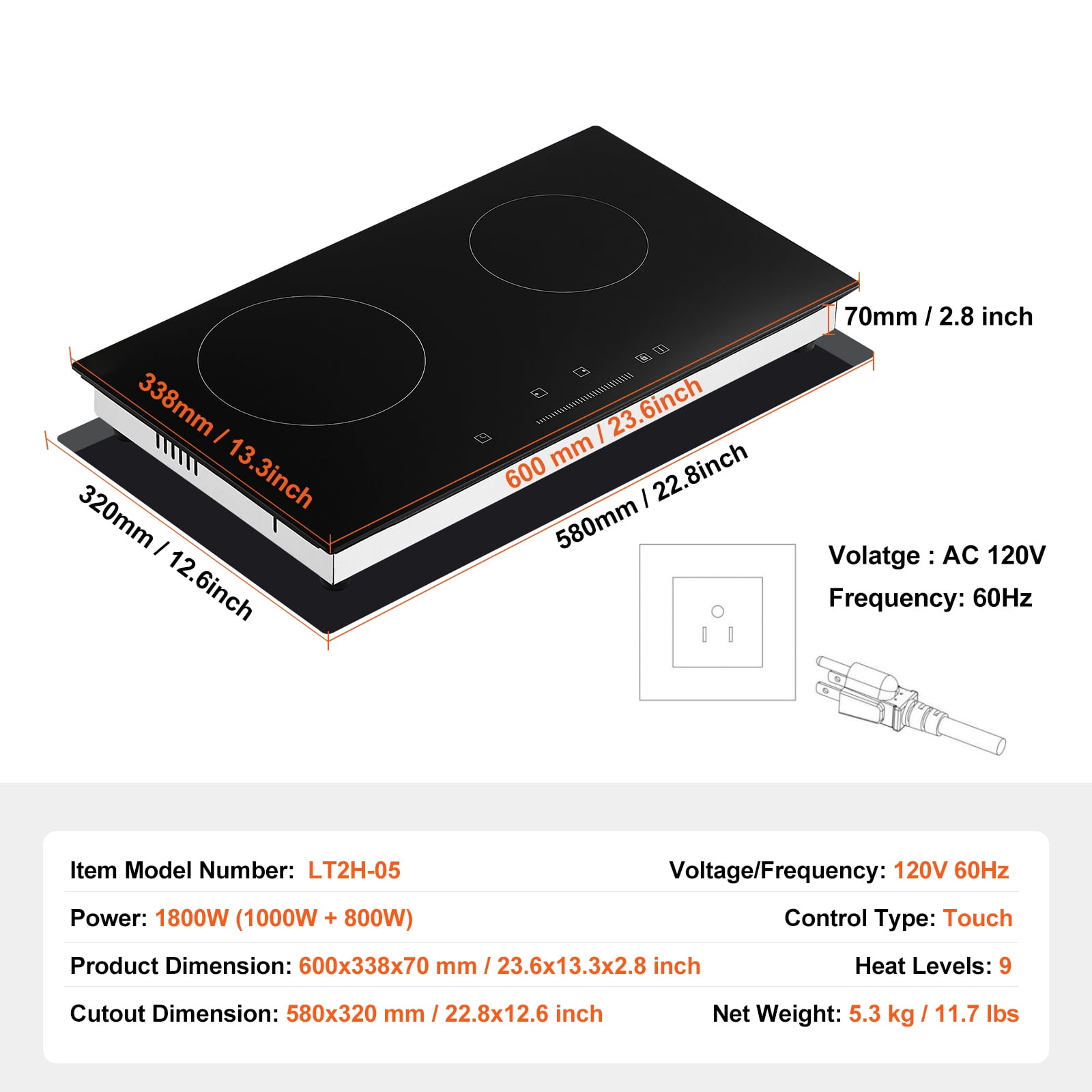 KFFKFF 24" Electric Cooktop, 2 Burner Built-in Ceramic Cooktop1800W with Touch Controls, Glass Panel, Timer, Safety Lock, 9 Temperature Settings, Heat Warning Light, 120V