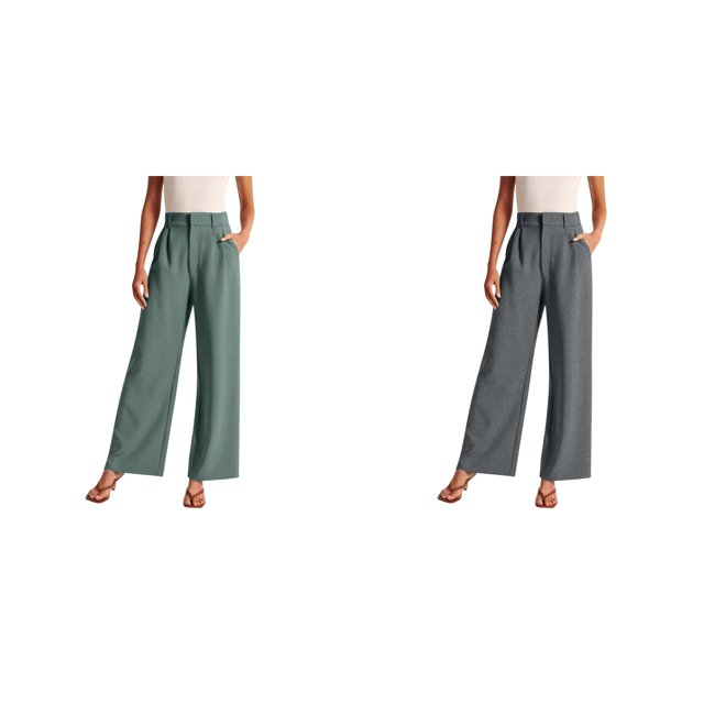 (2-Pack) Rinsvye Women Tailored Wide Leg Trousers Commute Wear High Waist Design Pockets Included Belt Accessory Stylish Look Durable Fabric Comfort Fit All Day Use