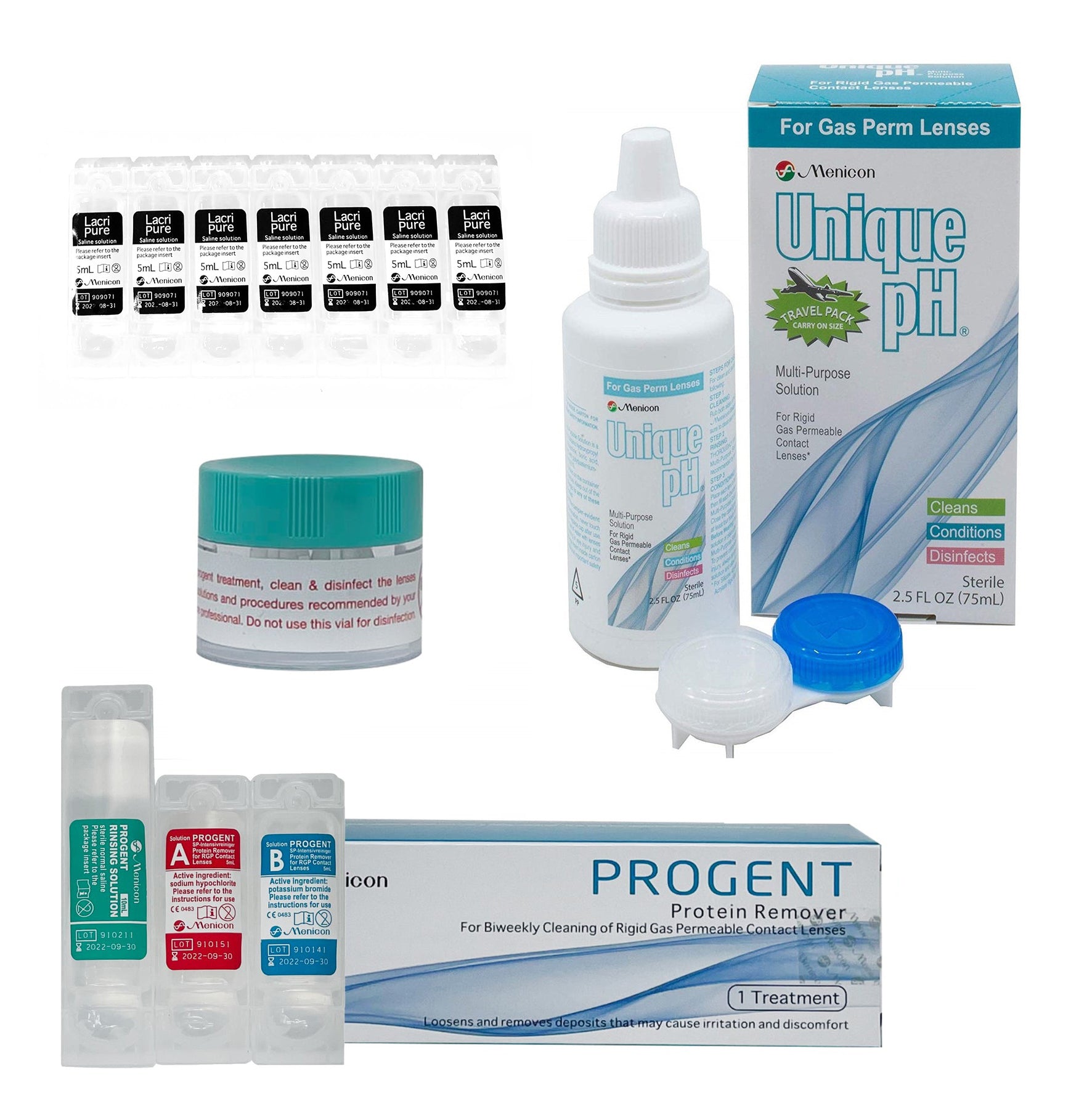 Menicon Unique pH 2.5 fl Oz, Progent 1 Treatment and LacriPure Saline 7