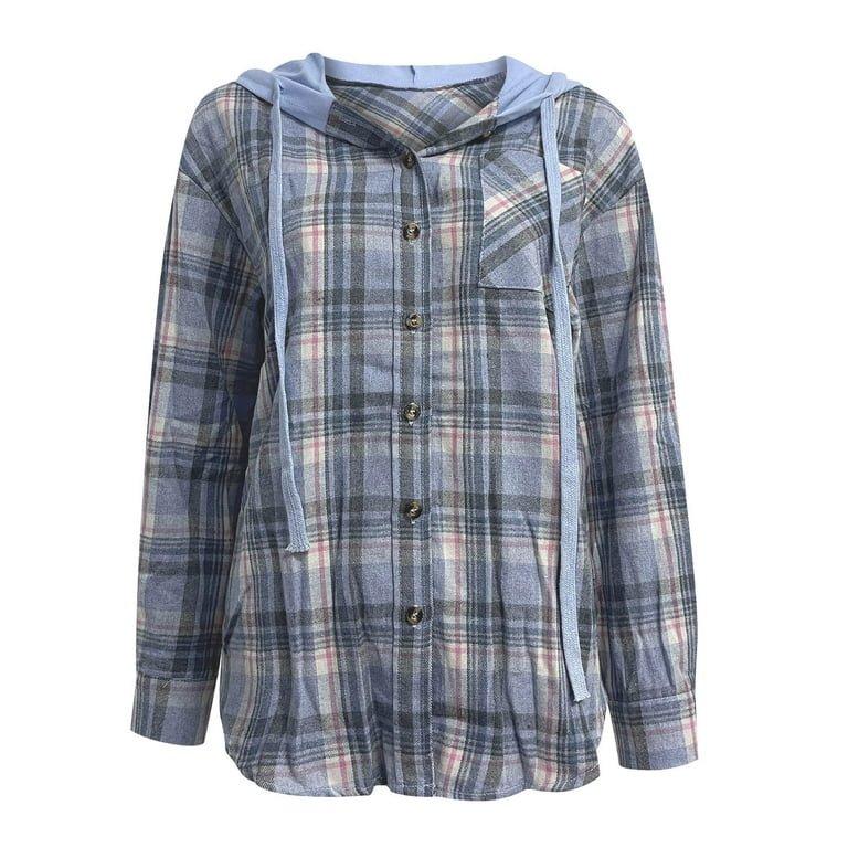Women's Flannel Plaid Hooded Shacket Jacket, Long Sleeve