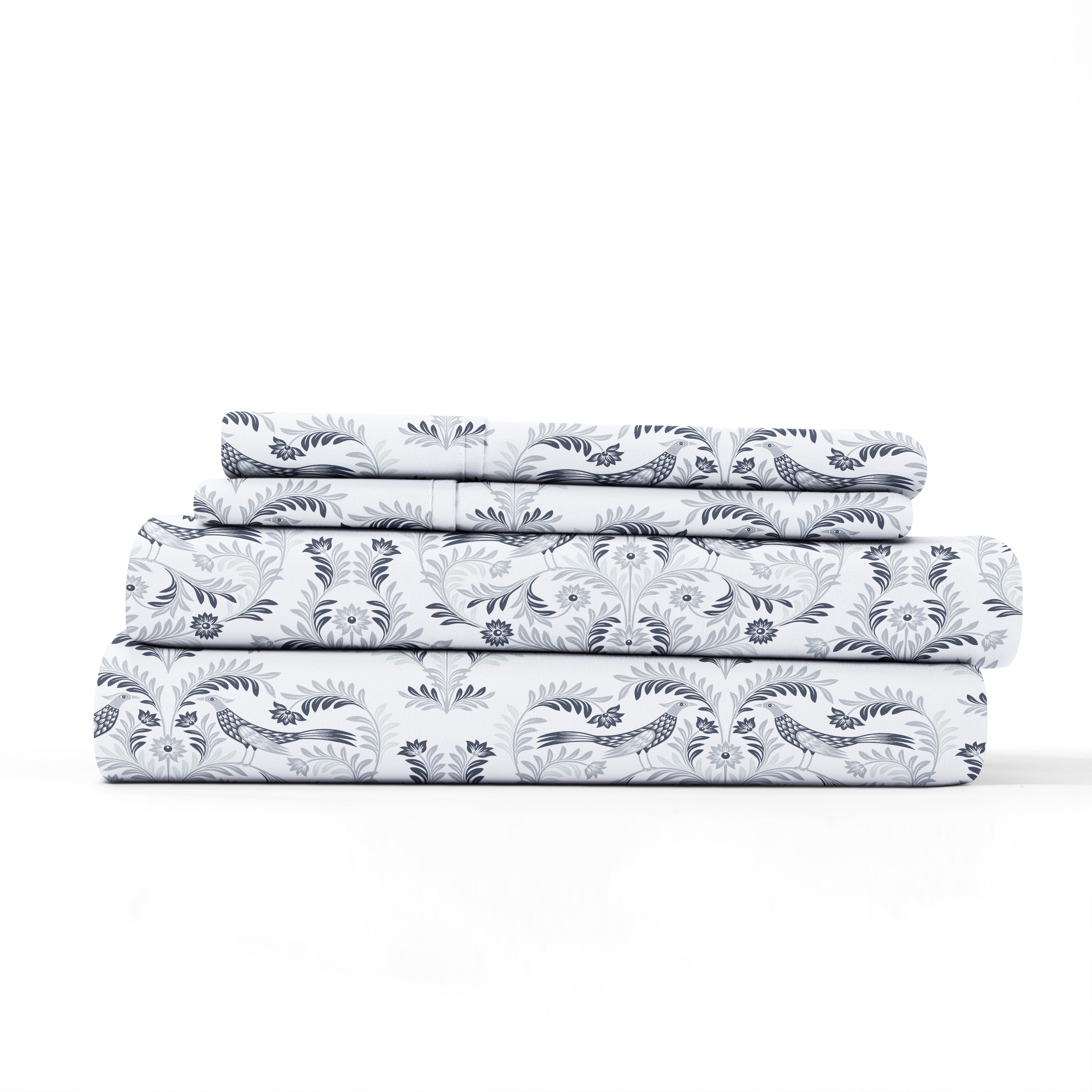 Noble Linens 4 Piece Pattern Microfiber Bed Sheets Set, Navy Garden Estate, King