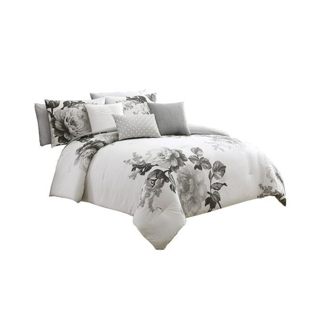 Cotton Comforter Set with Floral Print, Gray & White - King Size - 7 Piece