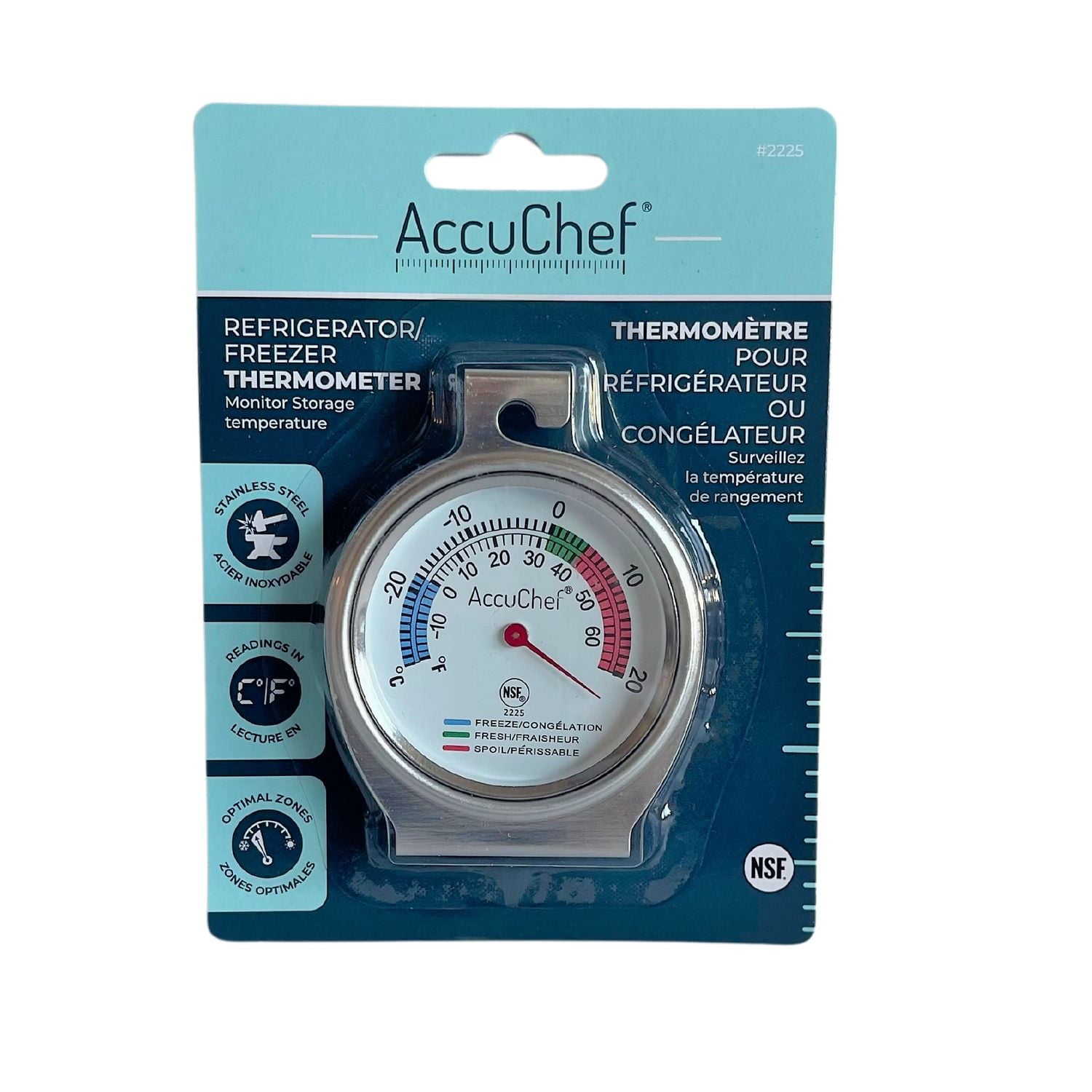 Accuchef thermomètre de congélateur/réfrigérateur, en acier inoxydable, à suspendre ou placer debout, modèle 2225