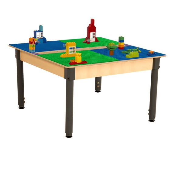 Time-2-Play Kids Birch Plywood Square Duplo Compatible Play Table 35"W with 18”-29” Adjustable Legs, Montessori Building Blocks Desk with Trough [Blue and Green]