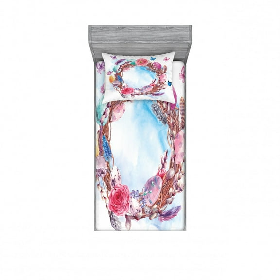 Ambesonne Flower Fitted Sheet & Pillow Sham Set, Floral Wreath Feathers, Twinxl, Multicolor