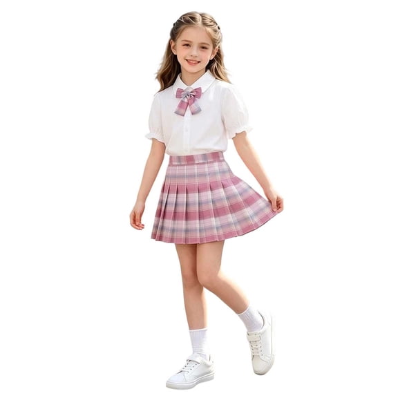 SAWOBUUN Girls' School Uniform Set Short Bubble Sleeve Button Down Shirt with Bow Tie and Plaid Pleated Mini Skirt - 3 Piece Outfit for Kids