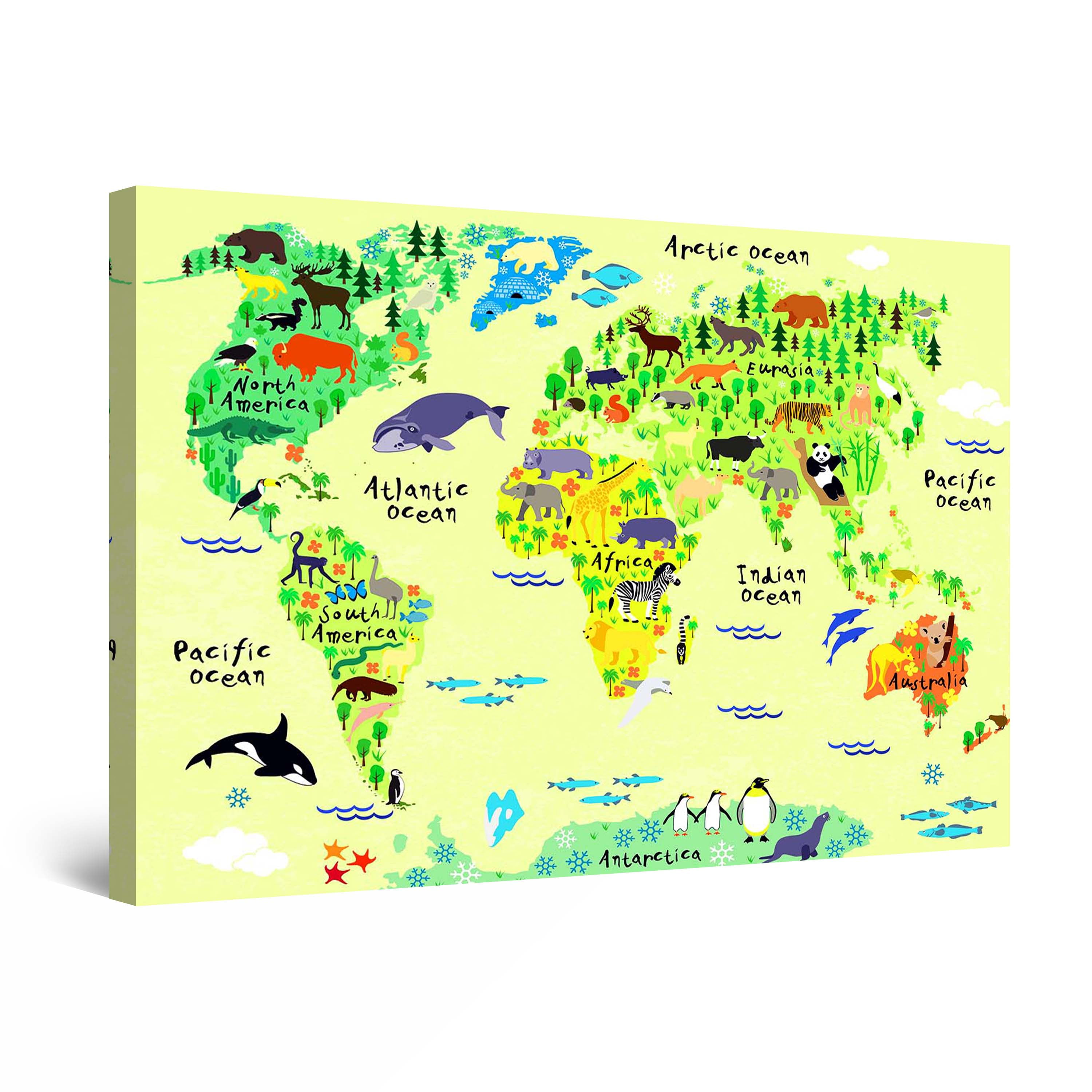 Startonight Canvas Wall Art Colored World Map with Animals for Kids
