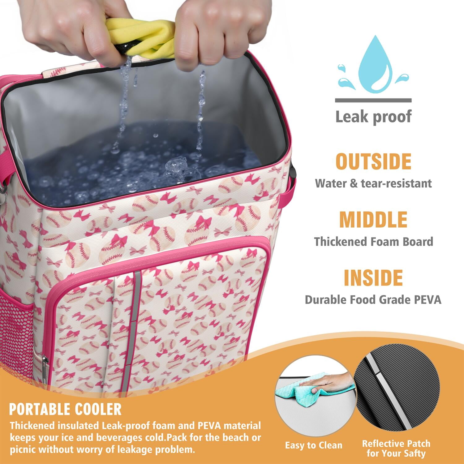 Travel Cooler Bag - Pink Bows and Baseballs Pattern Camping Beer Cooler Backpack with Bottle Opener- Waterproof Insulated Picnic Backpacks - Cooler Bag for Beach