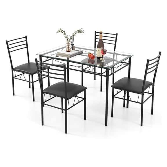 5 Piece Dining Table Set, Kitchen Dining Set with Tempered Glass Table Top and 4 Upholstered Chairs, Dinette Set for 4 for Breakfast Nook Dining Room Kitchen (Black)