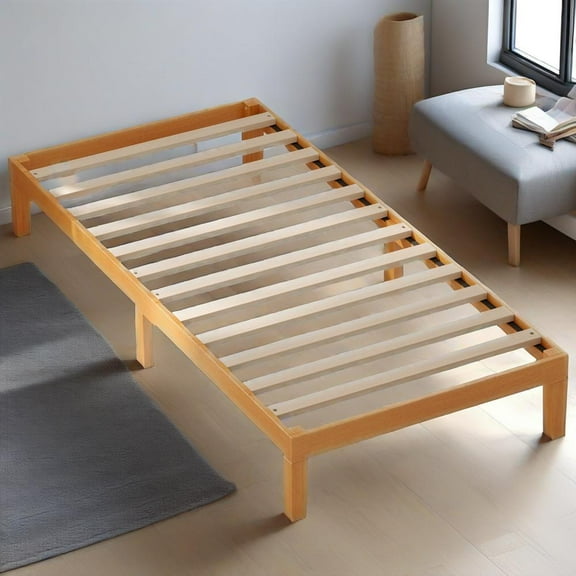 Twin Size Solid Wood Bed Frame, Bed Base with Wood Slat Support, No Box Spring Needed