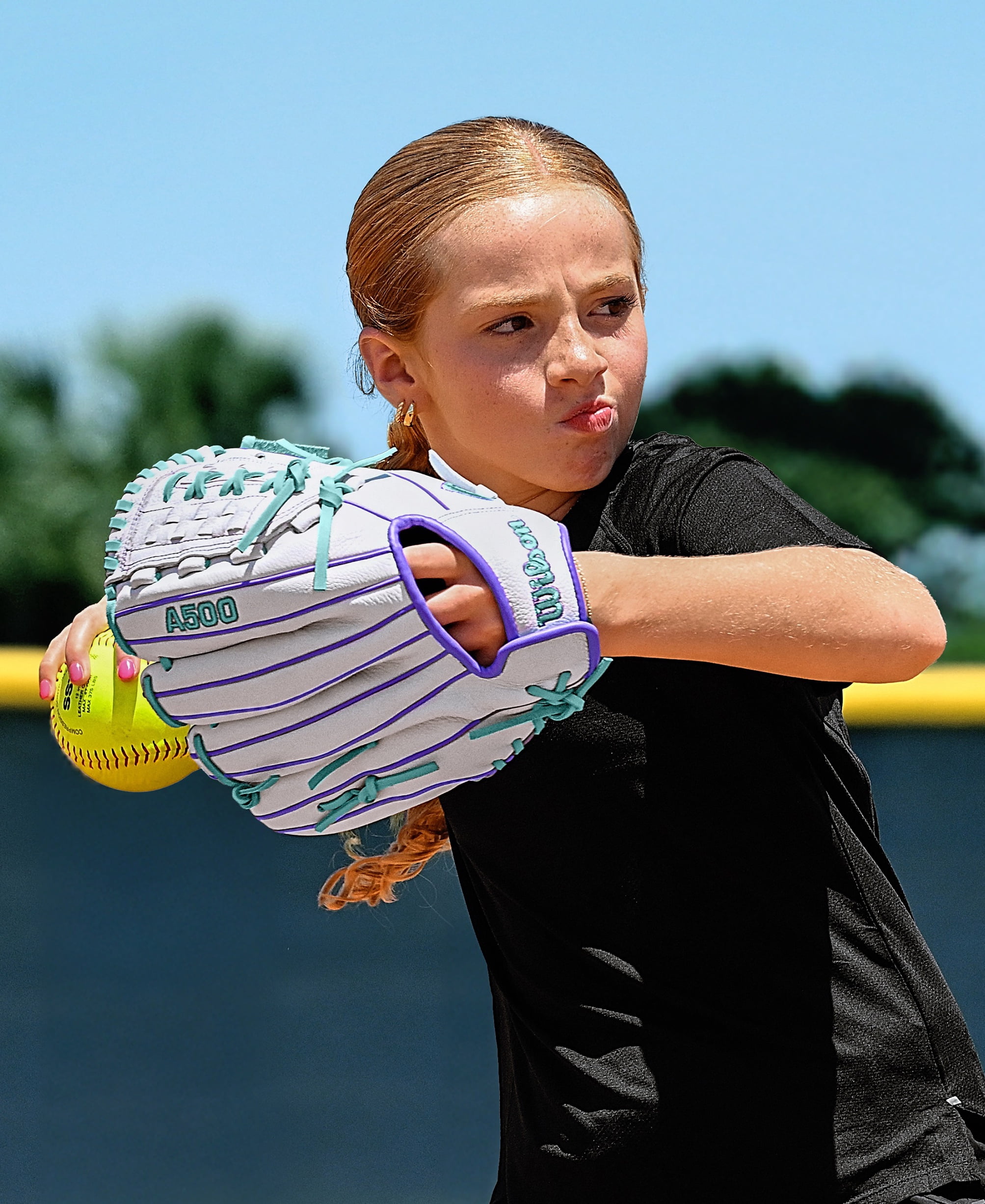 Wilson 2026 A500â„¢ Siren 11.75\" Youth Fastpitch Glove - White/Purple/Teal, Right Hand Throw