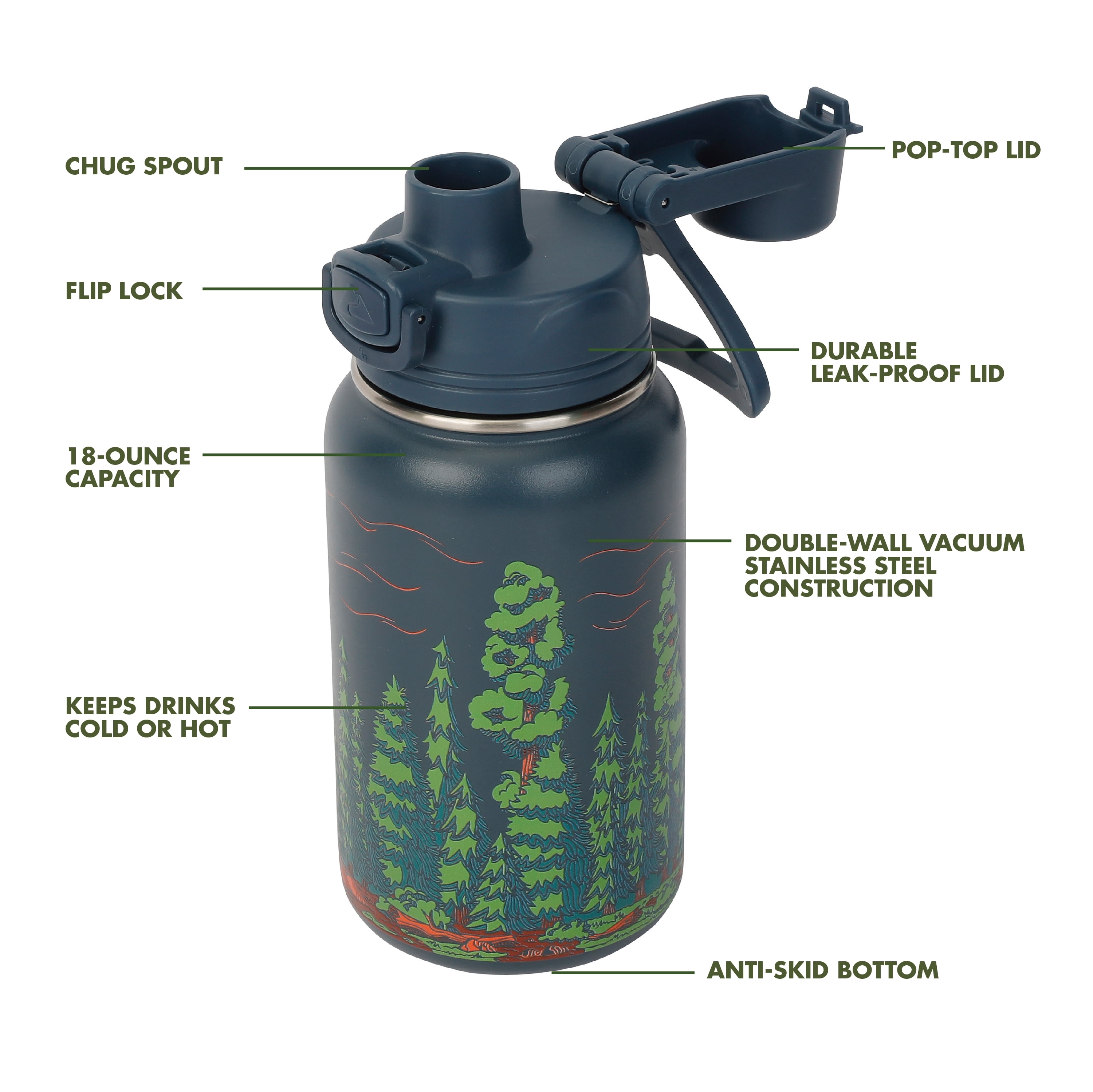 Ozark Trail 18 oz Stainless Steel Insulated Pop-Lid Water Bottle, Ancient Forest