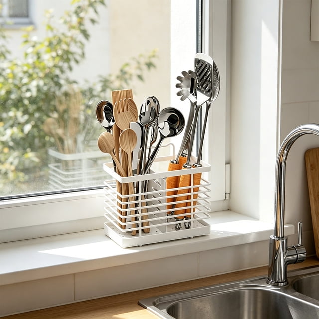 ZZkhGO Wall-Mounted Chopstick Utensil Drainer Storage Rack, Iron Kitchen Organizer with Removable Tray, Multi-Purpose Hanging Caddy for Home Countertop, White