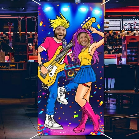 90s Party Decorations 5.9x3ft 90's Rock and Roll Photo Door Banner Large Fabric Retro Banner Backdrop 90s Themed Photo Background Back to 90s Face in Hole Photo Prop DIY
