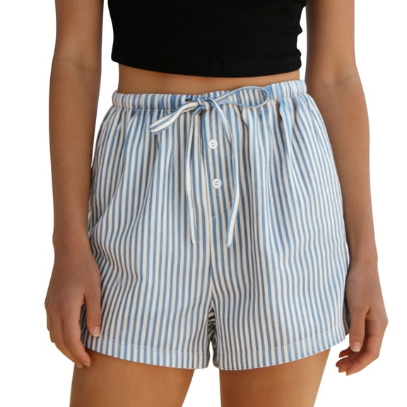 Admvng Womens Vertical Striped Shorts Drawstring Waist Button Detail Casual Loungewear Shorts