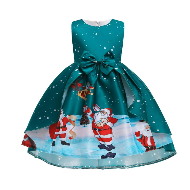 Déguisement de Fille Dessin Animé Père Noël Flocon de Neige Nœud Robe Princesse Imprimée Forgée