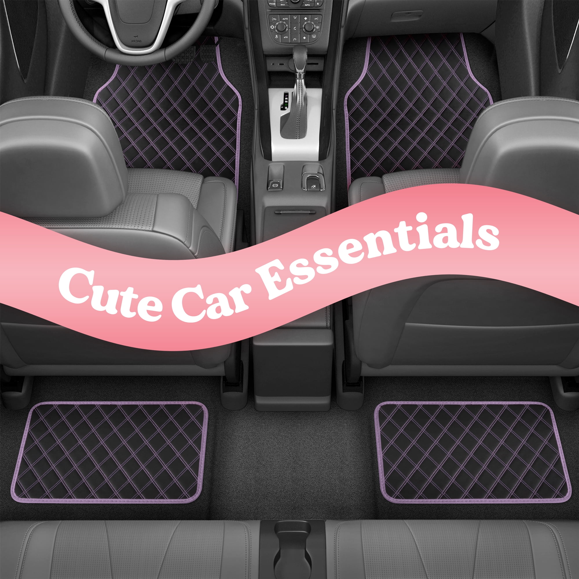 Carbella DiamondLuxe Car Floor Mats, Stylish Faux Leather Car Mats with Diamond Stitched Detail and Matching Taping, Universally Sized All-Weather Floor Mats for Cars Trucks SUV, Full (Purple)