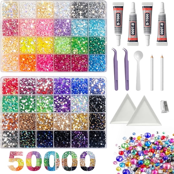 50,000-Piece Resin Rhinestone Kit, 48-Color Flatback Gems with 4 B-7000 Glue Tubes for Tumblers, Clothing and Nail Art
