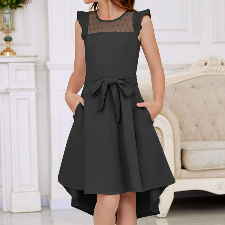 Xyxonk Girls Black Dress Summer Casual Formal Dress Ruffle Sleeve Mesh A Line  Dresses with Pockets Belted Solid Color dress 5-14 Years Black - Walmart.com